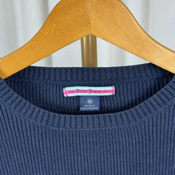 Vintage Y2K Ralph Lauren Polo Jeans Navy Rib Knit Sweater Flag Patch sz Medium - Picture 3 of 7